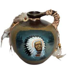 Ceramic Jug Indian Chief Hand Painted Leather Straps Feathers & Beads 7.5"H